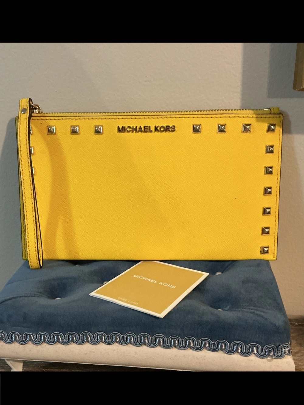 Michael Kors Ballet Yellow Saffiano Studded Zip Wristlet Clutch EUC 9.75x5.5